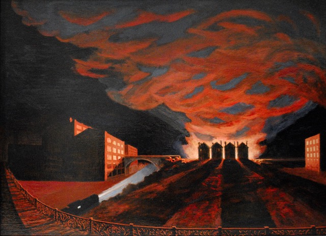 Fire on Baum Boulevard II, 1974/2019, oil on canvas, 36 x 50