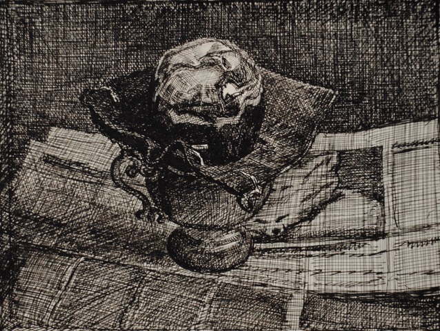 Brass Apple in Sugar Bowl, November 26, 1979, ink, 7.25 x 8.75