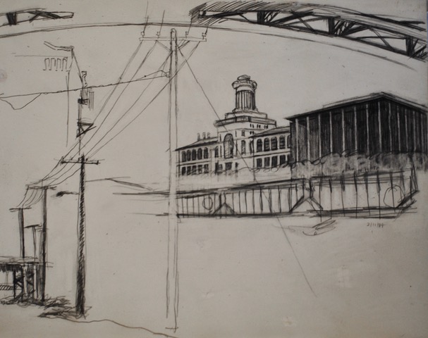 CMU Engineering Hall, study for Boundary Street, February 11, 1984, graphite, 11 x 14