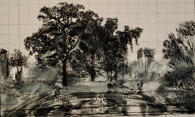 Idea for Echo and Narcissus, 1972, ink, 8 x 13