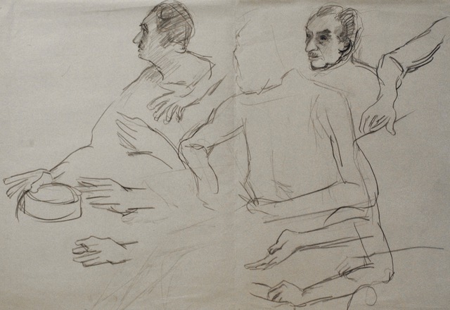 Joseph Fodor Talking, Gesturing, Bugler Tobacco Tin in his Lap, 1964, graphite, 14 3/8 x 21.5