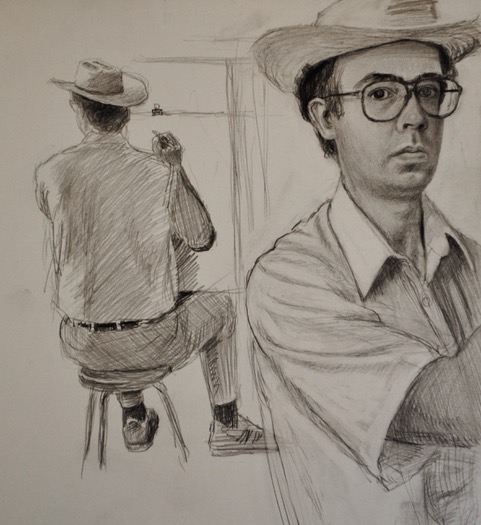 Self-Portrait, Seated Looking Away, and Facing Forward, 1975, graphite, 9 x 8.5