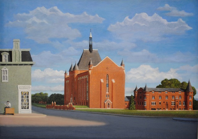 Central Catholic High School and Cathedral Pharmacy, 2010, oil on canvas, 18 x 28