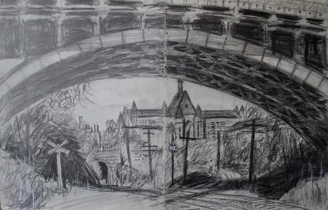 Central Catholic Under Forbes Bridge, 1961, graphite, 10.75 x 16.75