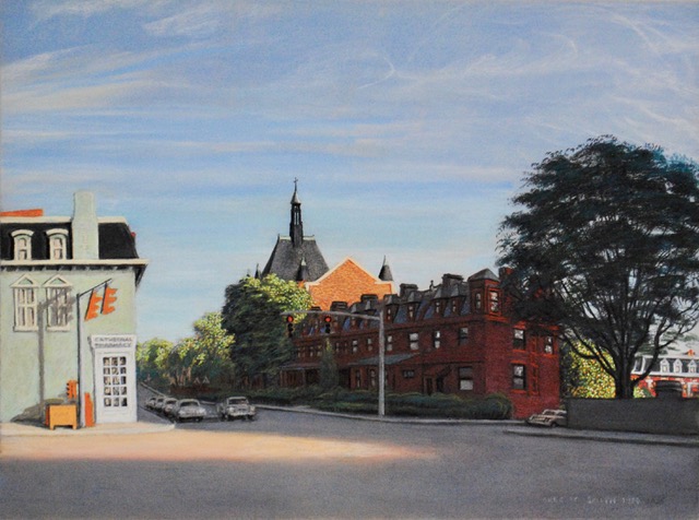 Cathedral Pharmacy and Central Catholic High School, 1984/2025, pastel, 16.5 x 23