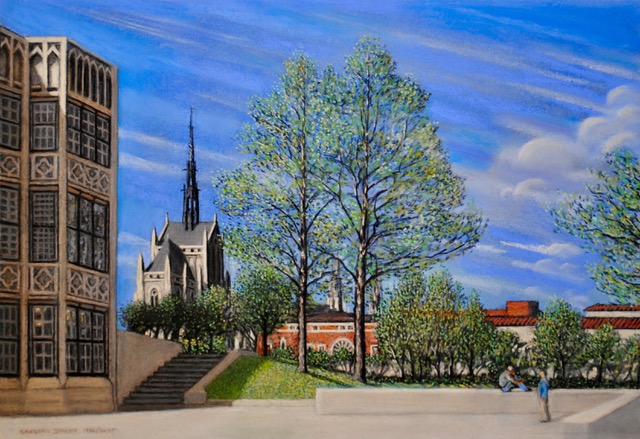Heinz Chapel from the Cathedral of Learning Court, 1986/2025, pastel, 12.75 x 18.75