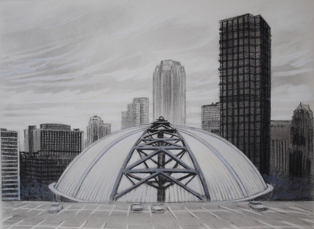 Mellon Arena and U.S.Steel Building, ca. 1985, black and white chalk, 10 x 13.5
