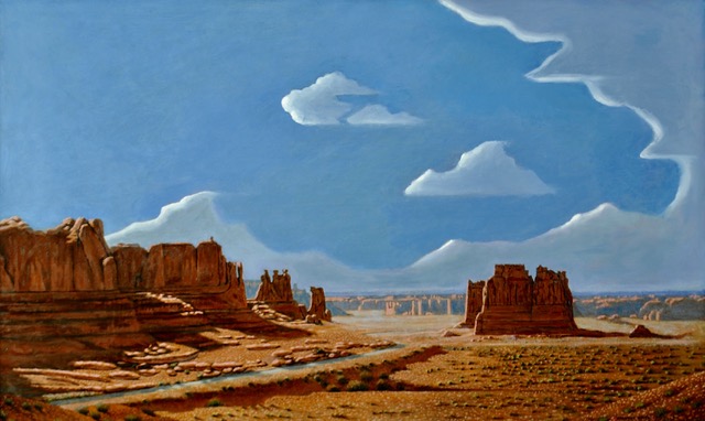 Courthouse Towers, Distant View, 2021, oil on canvas, 22 x 36