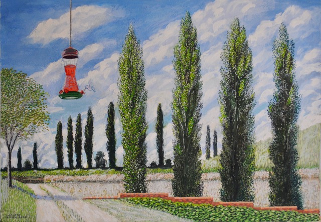 Hummingbird Feeder and Poplars, 1967/2004, watercolor, 10.75 x 15