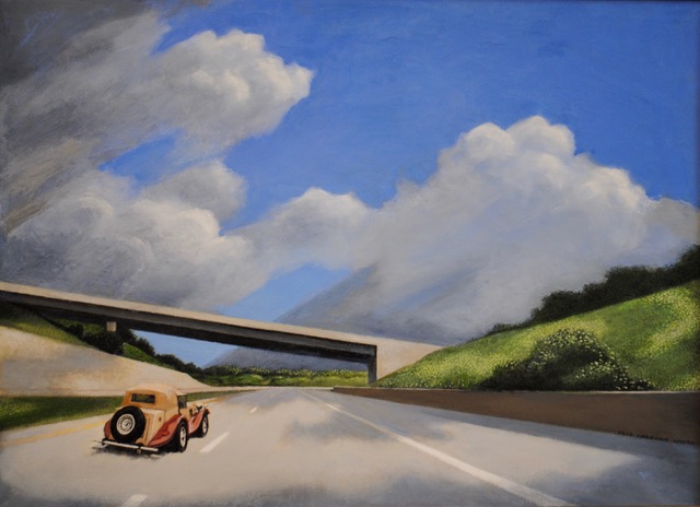 Car On A Highway (Heading south on 279 toward Jack’s Run Road Overpass), 2022, oil on canvas, 17.5 x 24