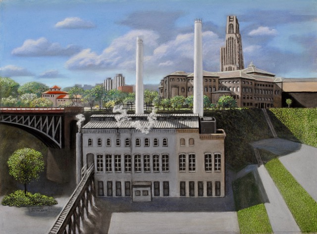 Junction Hollow, Carnegie Museum Power Station, and Cathedral of Learning, 2016, pastel, 20.5 x 28.5