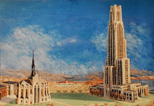 Heinz Chapel and Cathedral of Learning in Autumn (aerial view) 2001, acrylic on board, 25 x 35
