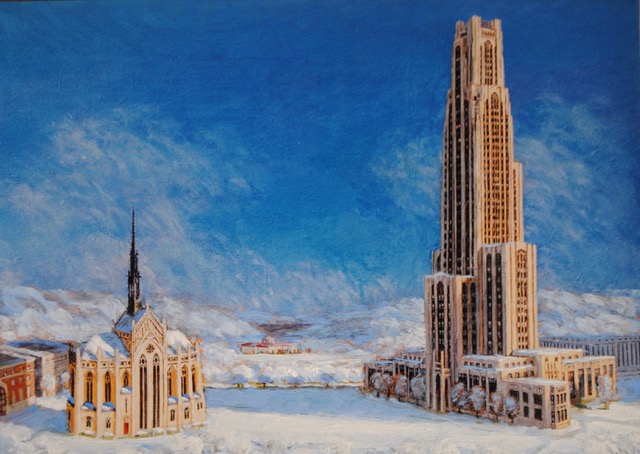 Heinz Chapel and Cathedral of Learning in Winter, 2004, retouched photo, 8 x 12