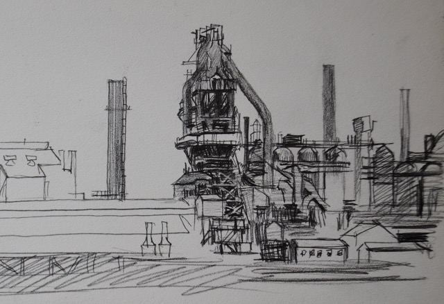Alliquippa Steel Works, 1989, graphite, 6 x 11.5