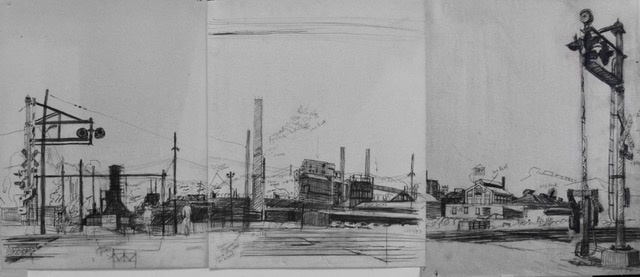Hazelwood Cokeworks, preliminary sketch, 10/17/1987, graphite, on three 14 x 17 sheets