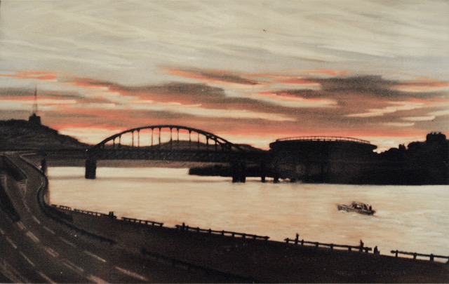 Riverview With Stadium: Sunset, 1987, pastel, 16 x 23