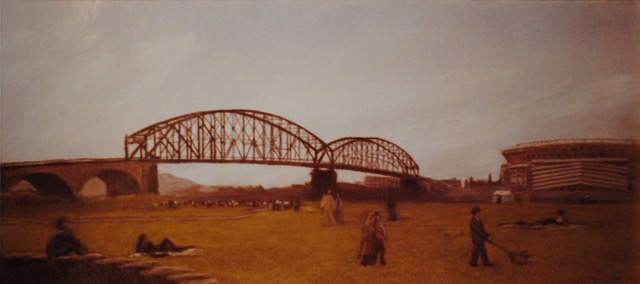 Manchester Bridge and Stadium, 1970, pastel