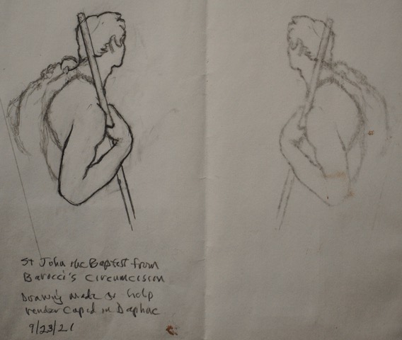 Reversed Drawing after the figure of Saint John the Baptist from The Circumcision by Federico Barocci - for Cupid, 9/23/2021, graphite, drawn area 6 x 6.5