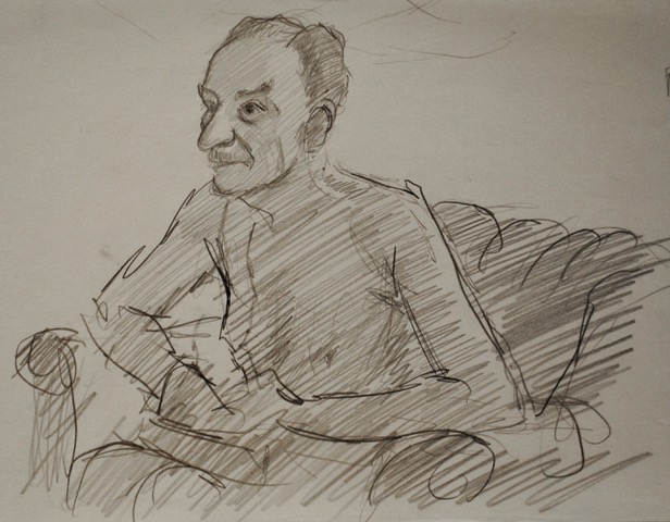 Joseph Fodor Talking While Rolling Cigarettes, Summer 1963, graphite, 7.75 x 12