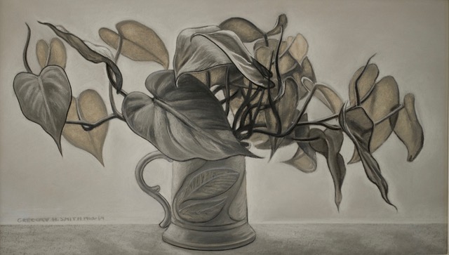 Philodendron in Pewter Tankard, 1969, pastel, 15x26.25
