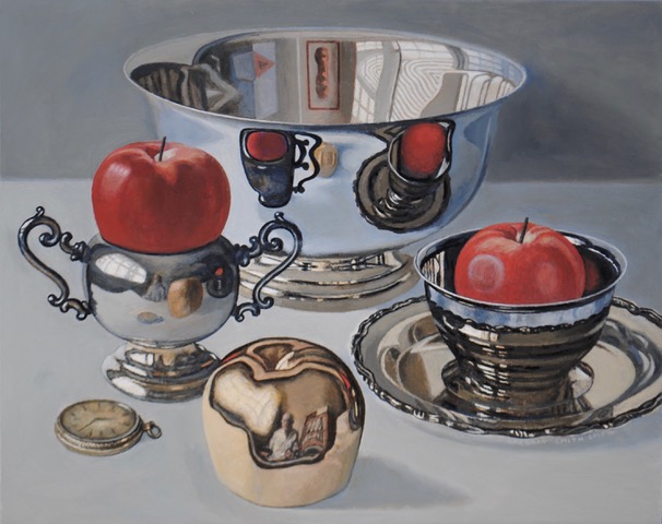 Silver With Apples, 2019, oil on panel, 16x20