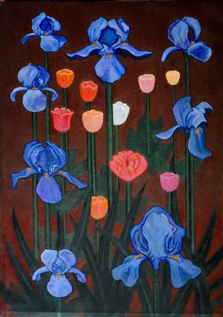 Iris and Tulips, 2022, oil on canvas, 25x18