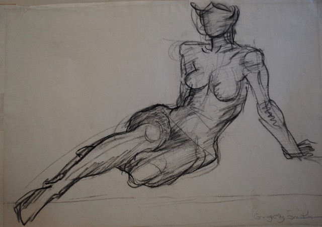 Figure Drawing, Female Supported by Left Arm, 1960, charcoal,  12 x 16.5