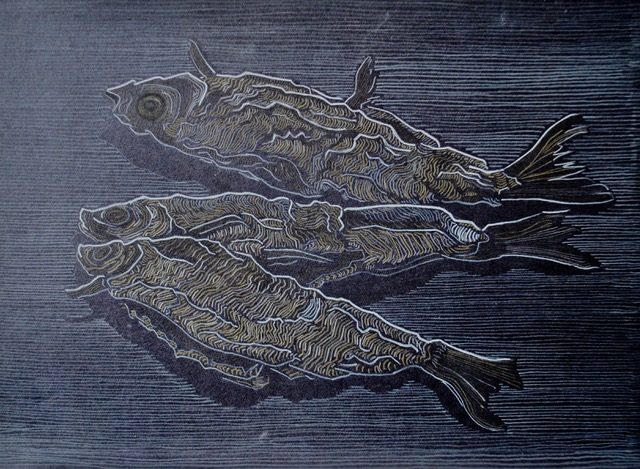 Three Dried Fish, 1962, colored pencil on black charcoal paper, 9 x 12
