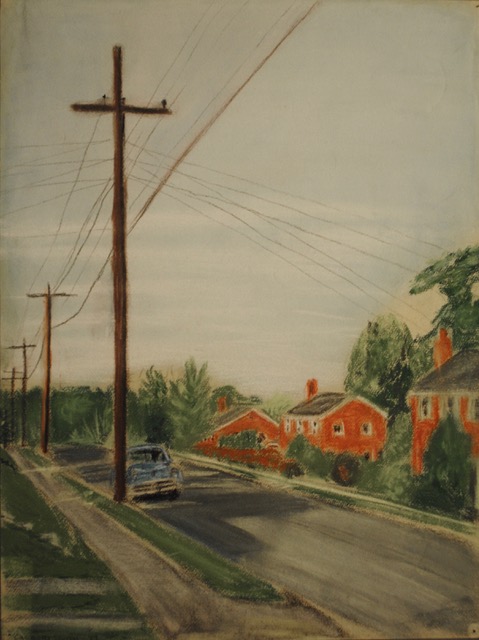 Livingston Street, Arlington, Va, with the Burton’s blue car, 1957, pastel, 16 x 12