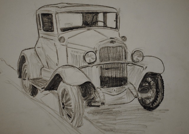 My Brother Cliff’s Model A Ford, September 1958, charcoal, 11.5 x 13.5