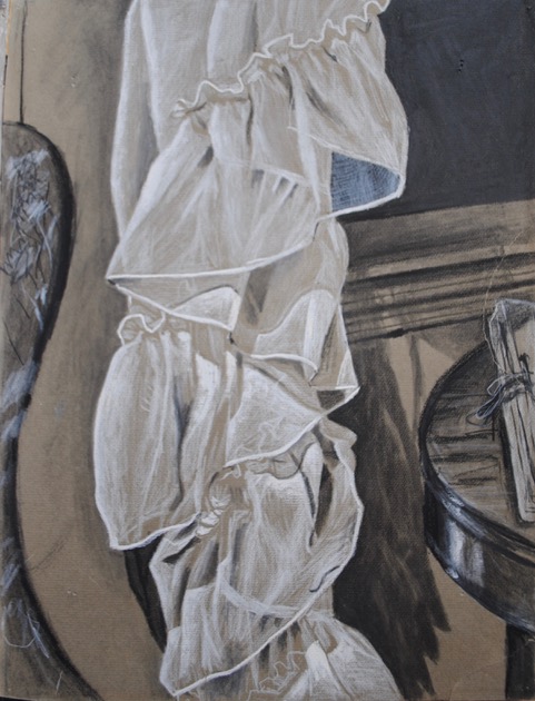 Window Drape Ruffles, 1959, black and white chalk, on tan charcoal paper, 18 x 12