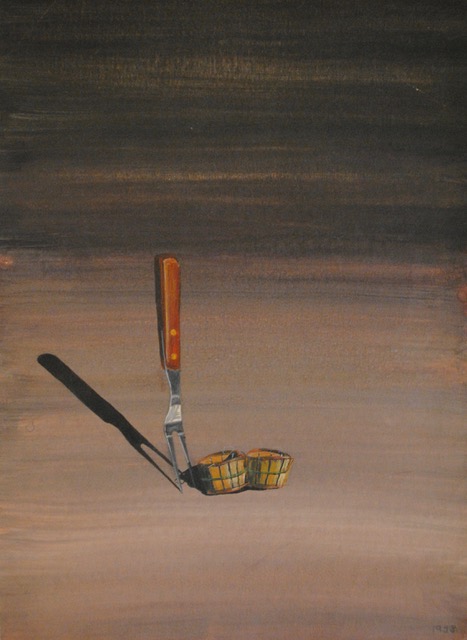 Fork and Bushel Baskets (imitation Yves Tanguy Surrealism), 1958, watercolor, 14 x 10