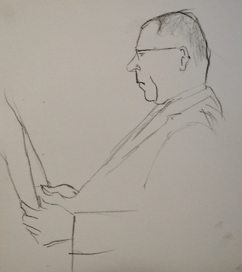 Man on a Bus Reading a Newspaper, 1960, graphite, 12 x 9